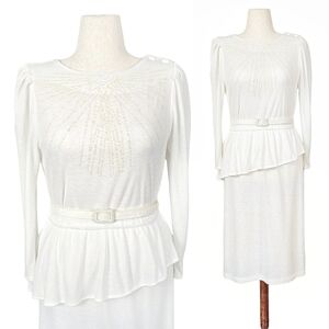 1980s Vintage Dress Belt Set 80s Peplum Midi White M/L Medium Large Long Sleeves
